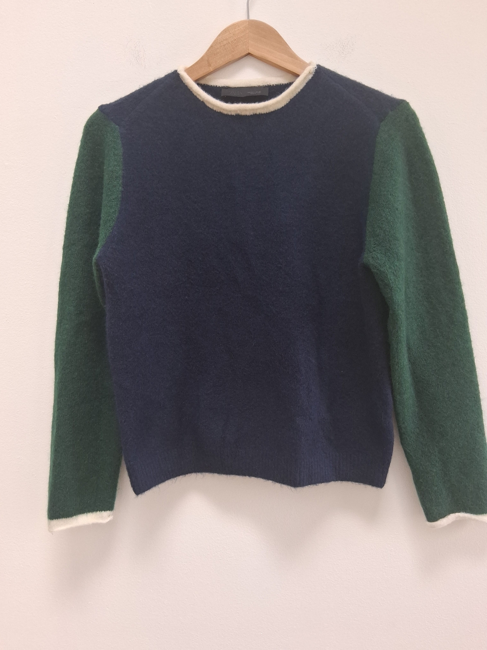 Zara Navy Green Roll Neck Sweater Cream Trim Long Sleeve Large Colorblock Cozy